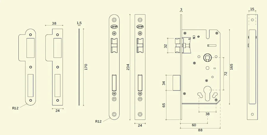JNF Mortise Door Lock for European Cylinder 60mm SSS IN.20.895