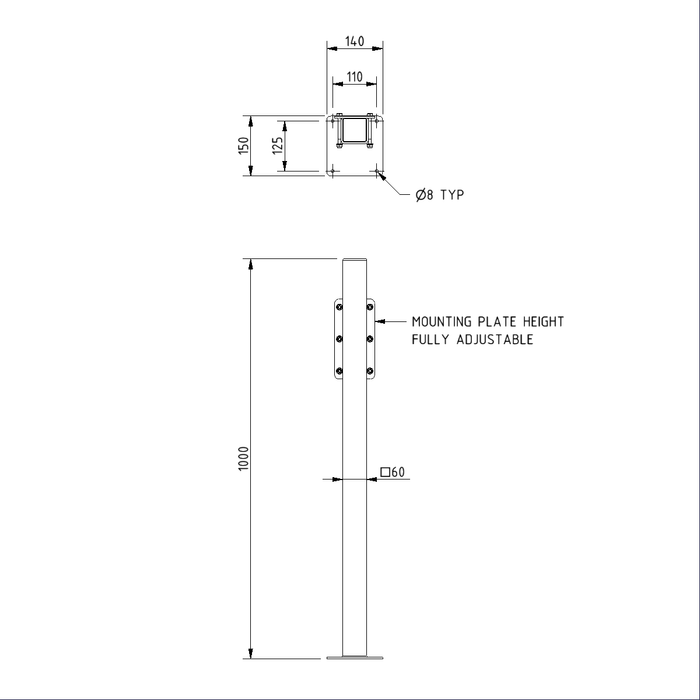 Floor Mounting Post and Adaption Kit for Trombone Hinged Rail HSRAK.60