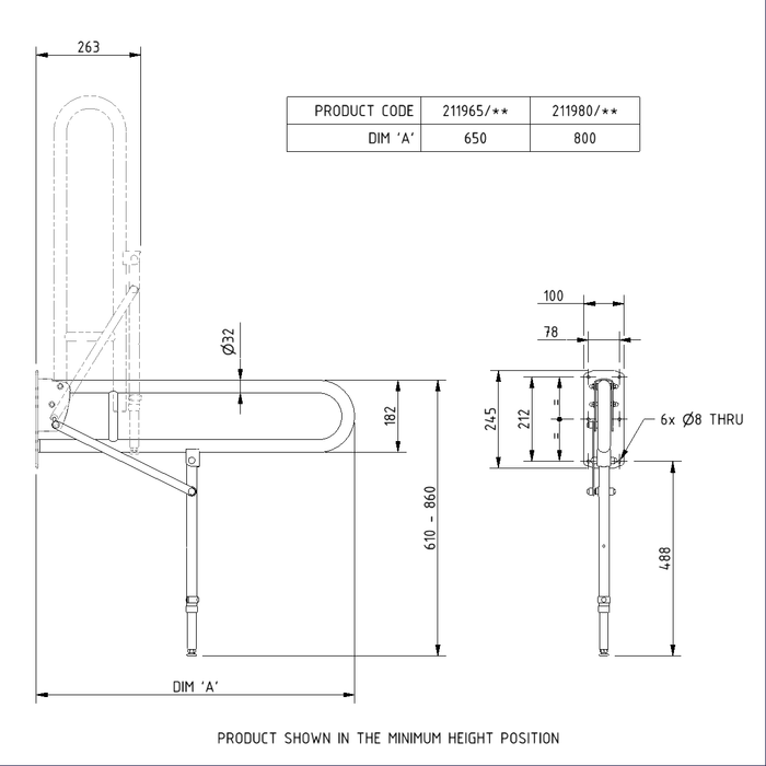 Stainless Steel Hinged Support Rail with Support Leg HSR8