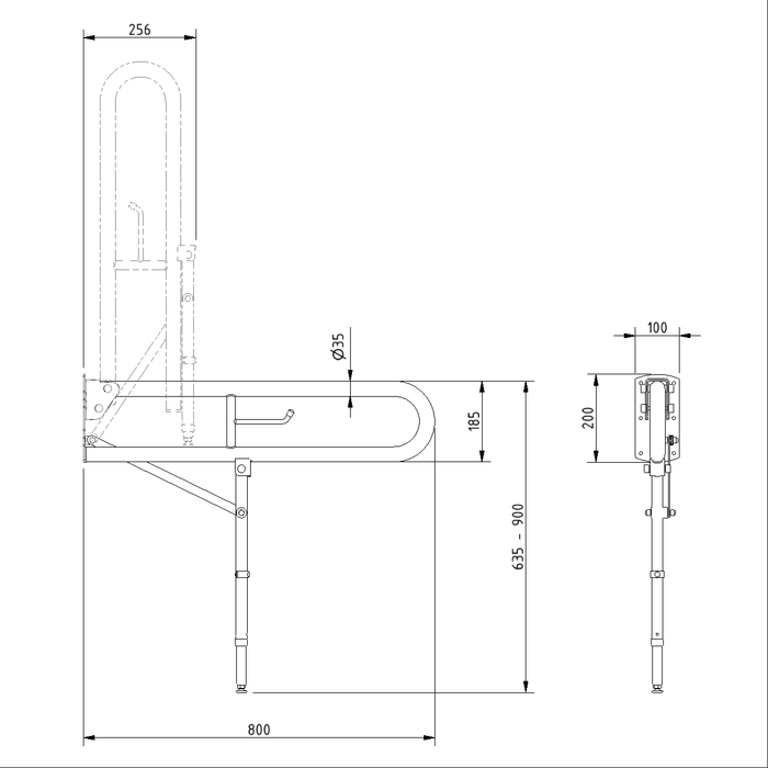 Trombone Hinged Support Rail with Leg 800mm HSR2