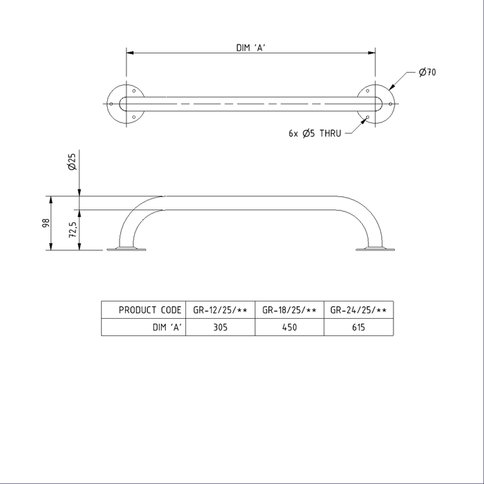 Round Flange Steel Grab Rail 25mm Diameter Tube SGB1.25
