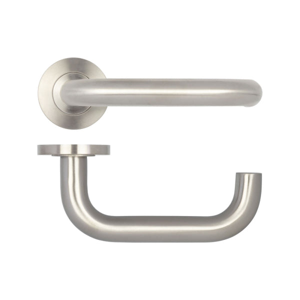 Frelan Hardware Orbit 19mm Door Handle on 8mm Sprung Rose Grade 304 SSS JSS13
